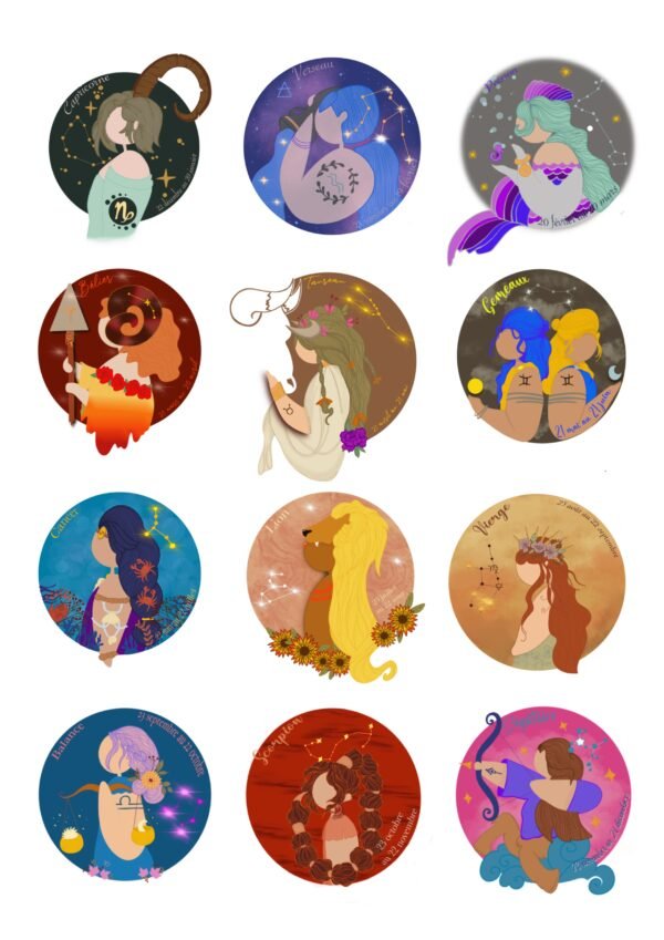 famille astros Affiche les 12 signes astros – Illustration Les Ladies Dodues